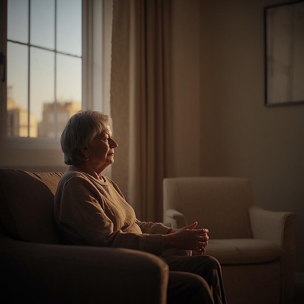 An elderly woman sitting alone at home